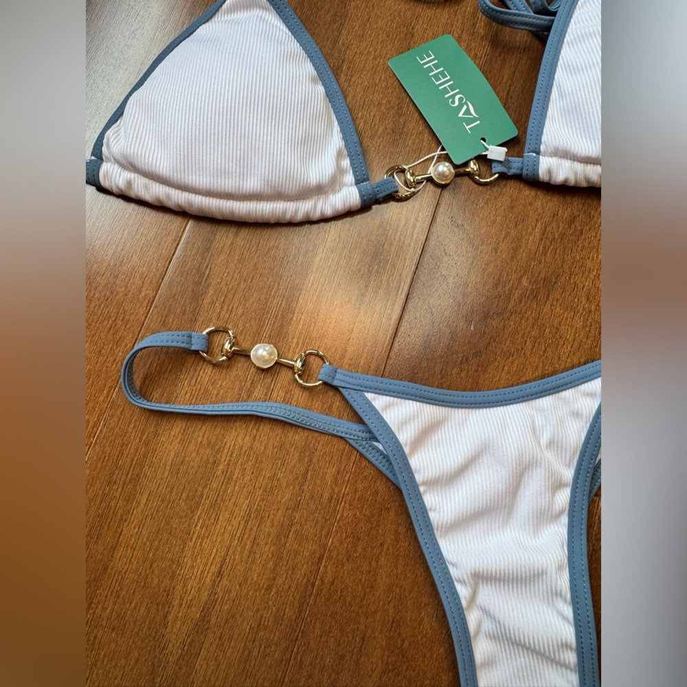 NWT TASHEHE Blue and White Ribbed Thong Bikini - Picture 9 of 16